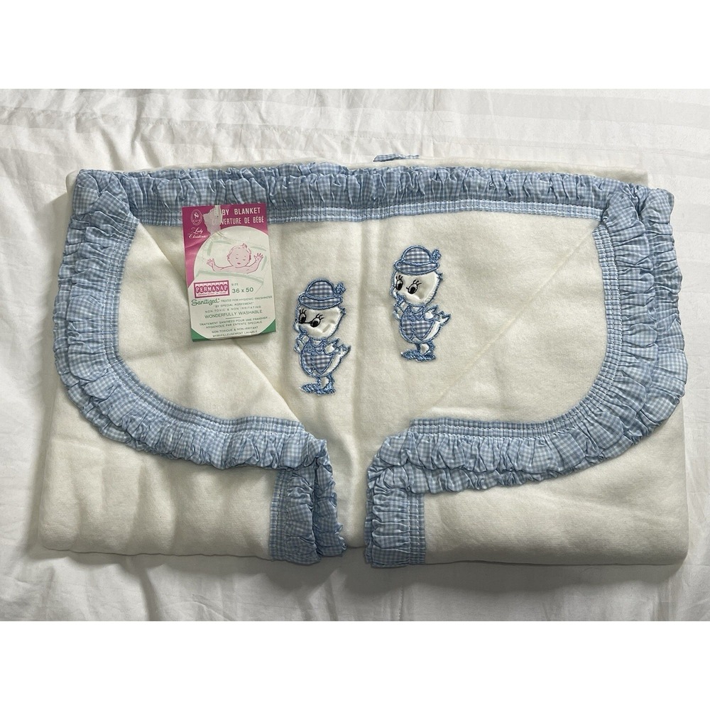 Lady Christina Baby Blanket Vtg Blue Gingham Chicken Acrylic Permanap 36x50